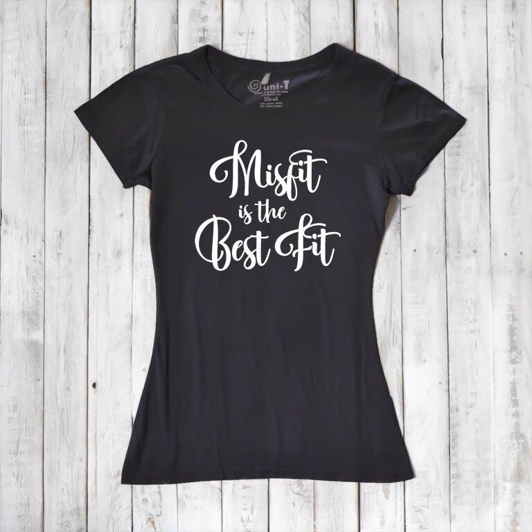 Black Women's Misfit T-Shirt crafted from bamboo and organic cotton. White script design promotes individuality and sustainable fashion.