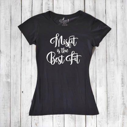 Black Women's Misfit T-Shirt crafted from bamboo and organic cotton. White script design promotes individuality and sustainable fashion.
