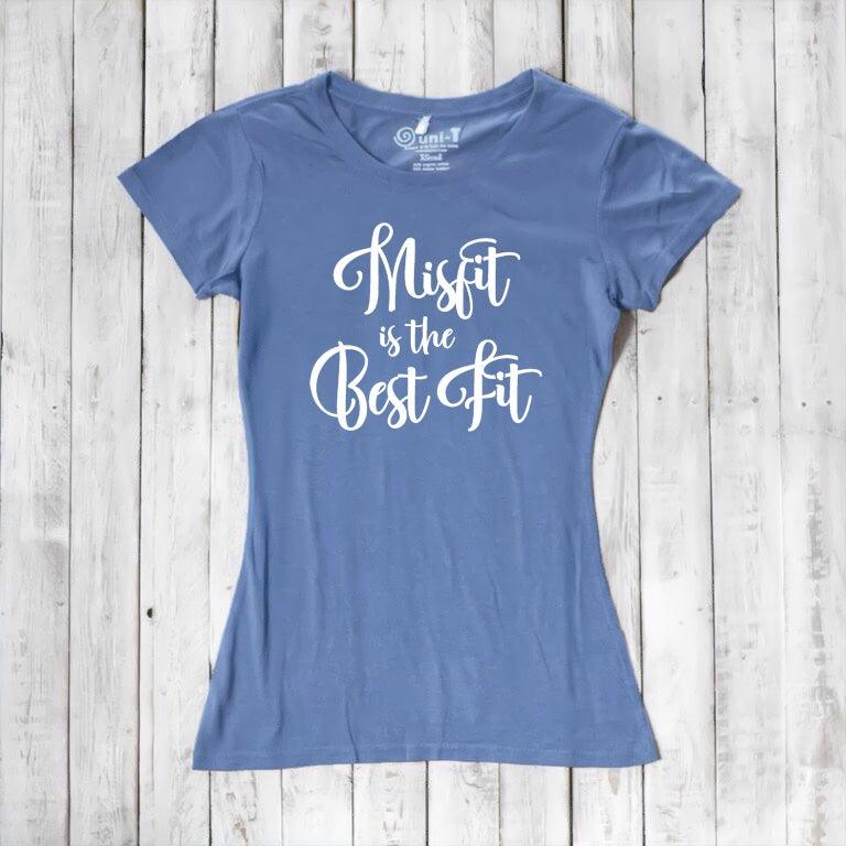 Ocean blue Women's Misfit T-Shirt in bamboo and organic cotton with white script. A bold, eco-friendly tee for rebels and misfits.