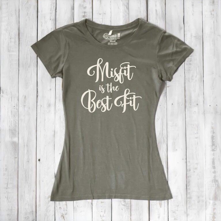 Khaki green Women's Misfit T-Shirt in bamboo and organic cotton. Features cream script for a natural, earthy statement look.