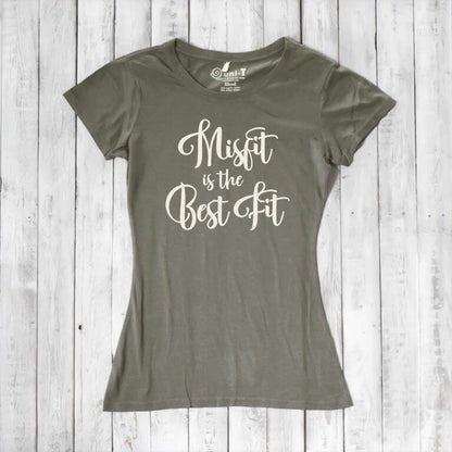 Khaki green Women's Misfit T-Shirt in bamboo and organic cotton. Features cream script for a natural, earthy statement look.