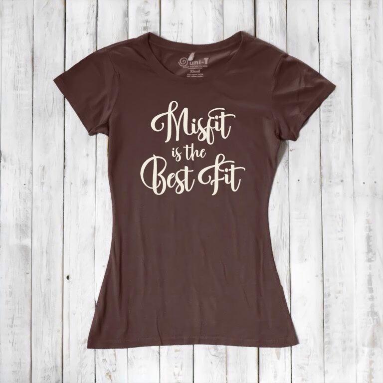 Dark brown Women's Misfit T-Shirt in bamboo and organic cotton with cream script. Earthy tones meet rebellious message in eco fashion.
