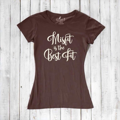 Dark brown Women's Misfit T-Shirt in bamboo and organic cotton with cream script. Earthy tones meet rebellious message in eco fashion.