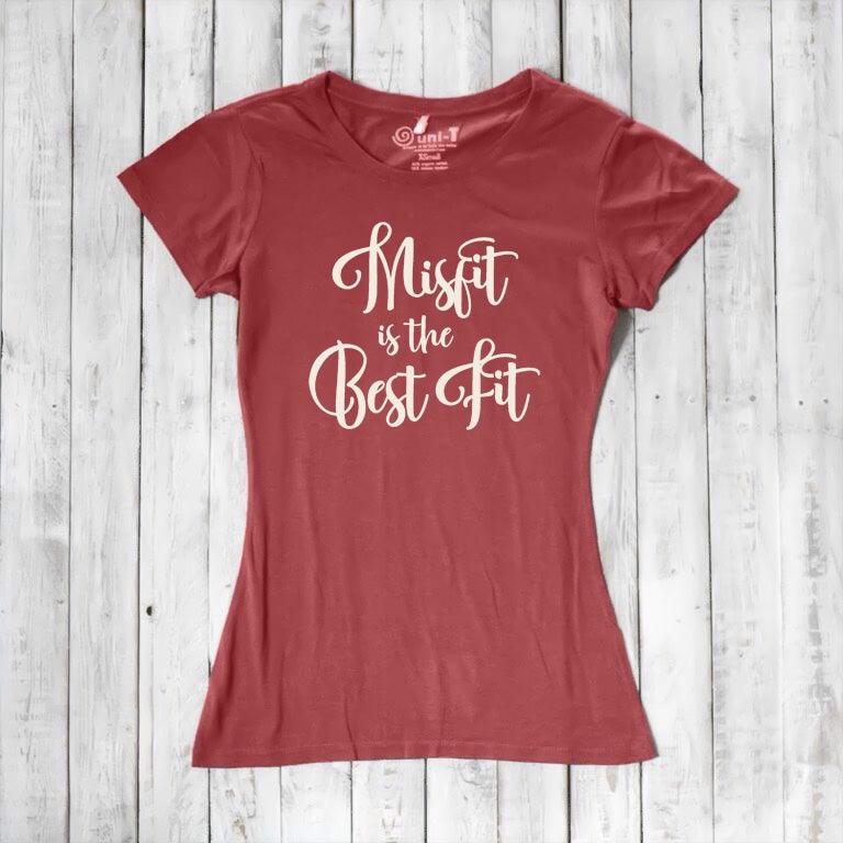 Red clay Women's Misfit T-Shirt in bamboo and organic cotton with white script. Bold color and message for eco-conscious nonconformists.