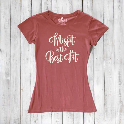 Rustic pink Women's Misfit T-Shirt in bamboo and organic cotton with cream script. Soft, sustainable tee with a bold self-expression message.
