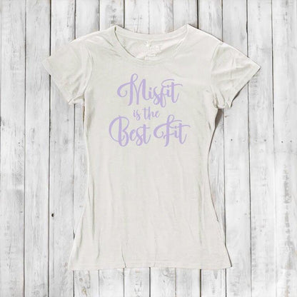 Ivory Women's Misfit T-Shirt in bamboo and organic cotton with lavender script. Light, breathable tee for unique, eco-friendly style.