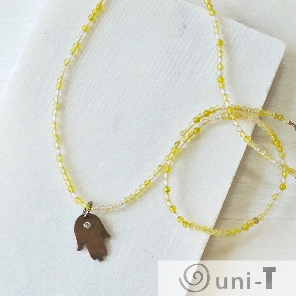 Mixed Gemstones with Hand Cut Copper Hamsa & Topaz Charm Necklace  Sasha Walsh