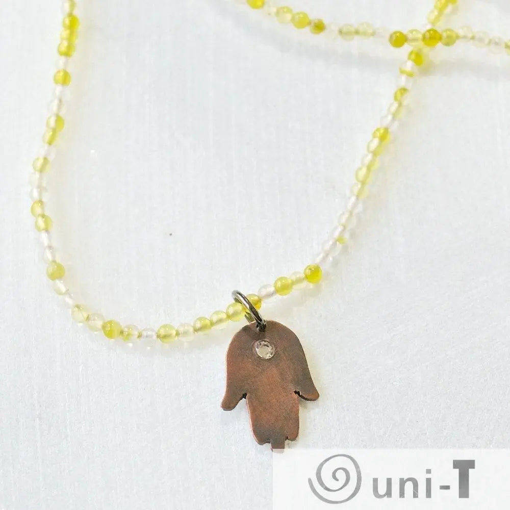 Mixed Gemstones with Hand Cut Copper Hamsa & Topaz Charm Necklace  Sasha Walsh