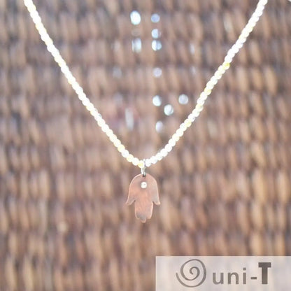 Mixed Gemstones with Hand Cut Copper Hamsa & Topaz Charm Necklace  Sasha Walsh