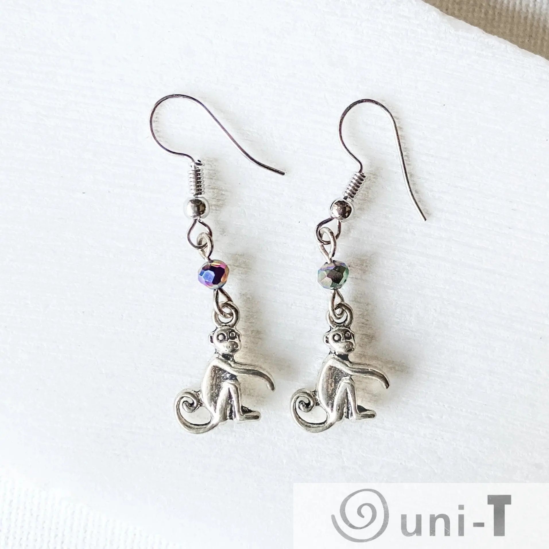 Monkey Charm Earrings with Rainbow Glass Beads Shana Cohen