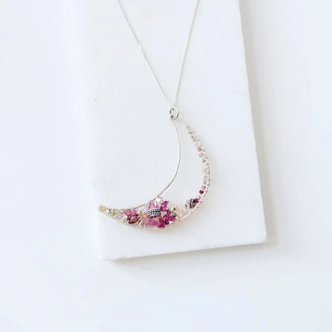 Sterling Silver Moon Necklace with pink crystals and pearls, crescent moon pendant on 18” chain, ideal for stylish gifting.