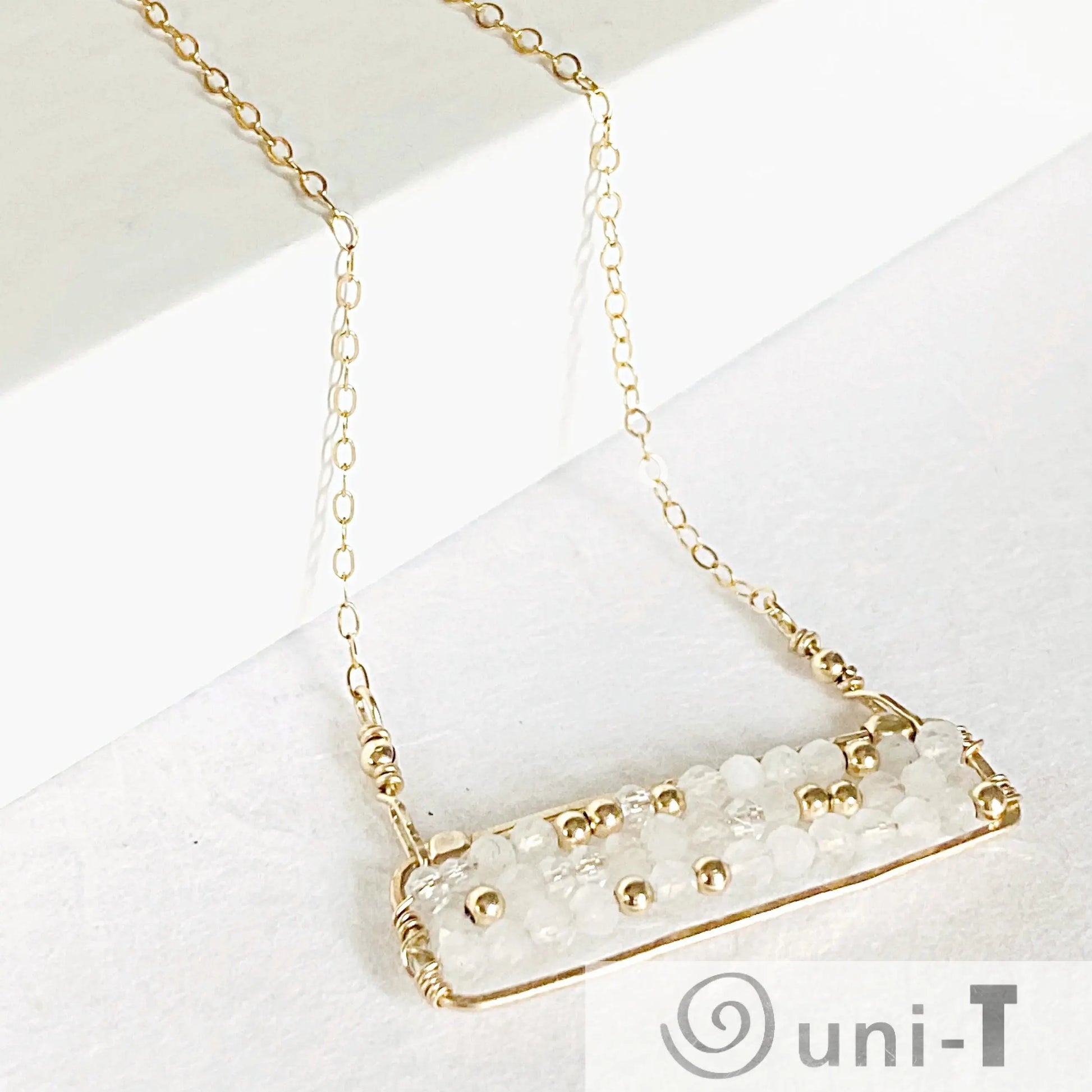 Moonstone Bar Necklace - Unique Gold-Filled Design featuring 2 mm moonstone and quartz beads on a delicate 18” chain. Hand-wrapped for elegance.