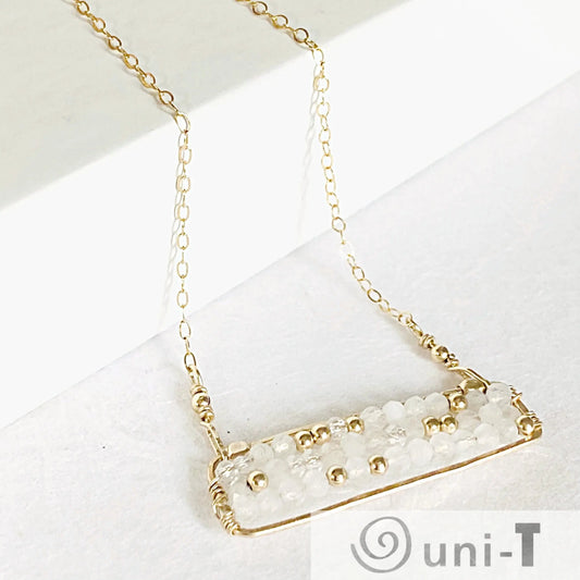 Moonstone Bar Necklace - Unique Gold-Filled Design featuring 2 mm moonstone and quartz beads on a delicate 18” chain. Hand-wrapped for elegance.
