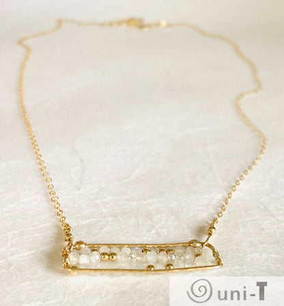 Moonstone Bar Necklace - Unique Gold-Filled Design with quartz and moonstone beads. Lightweight and perfect for everyday or special occasions.