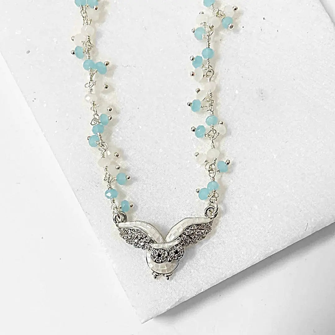 Mother of Pearl Owl with White and Aqua Chalcedony Cluster and Sterling Silver Chain Necklace Regina McGearty