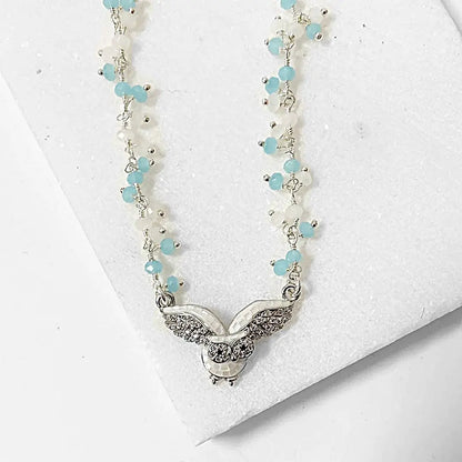 Mother of Pearl Owl with White and Aqua Chalcedony Cluster and Sterling Silver Chain Necklace Regina McGearty
