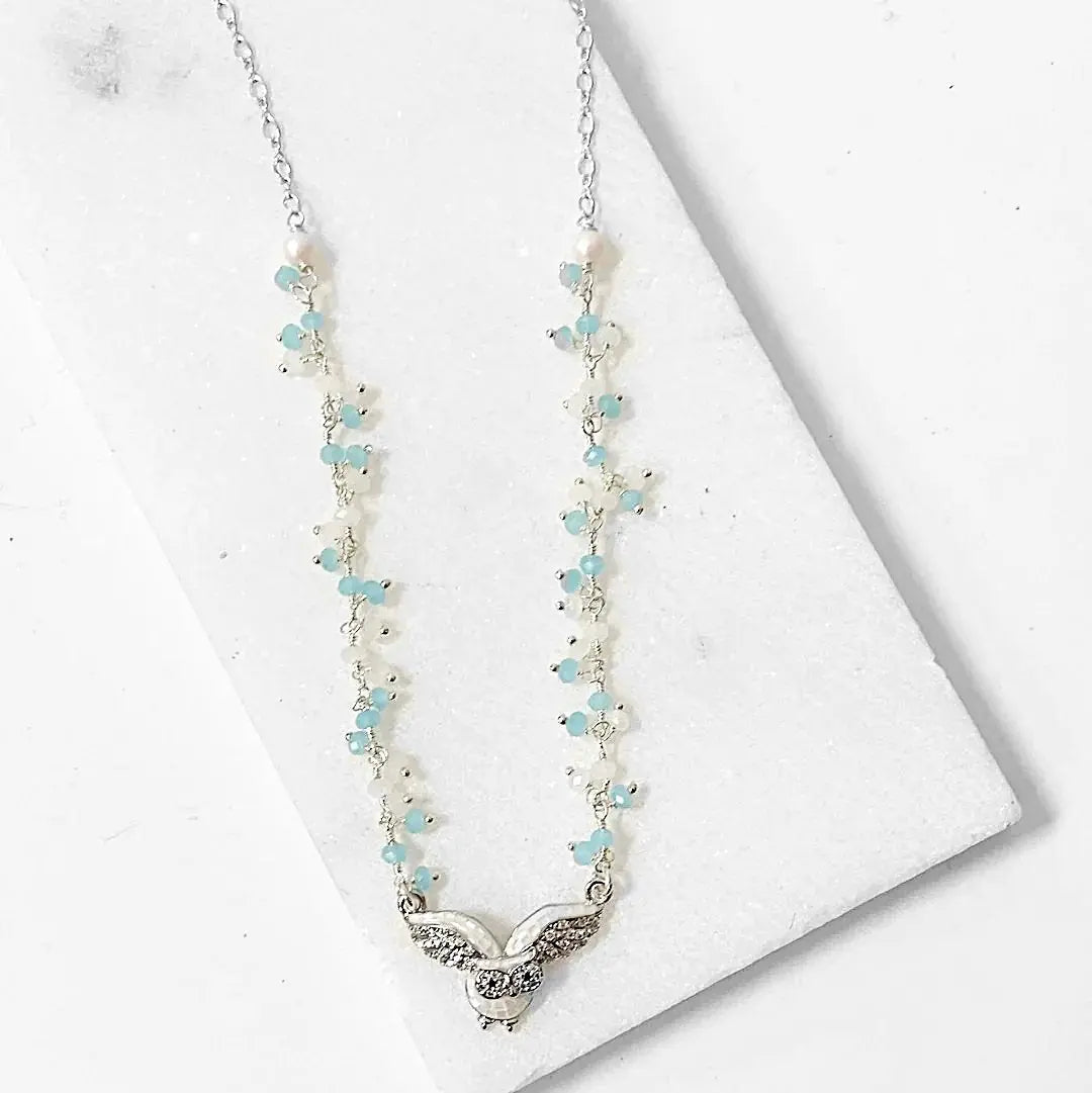 Mother of Pearl Owl with White and Aqua Chalcedony Cluster and Sterling Silver Chain Necklace Regina McGearty