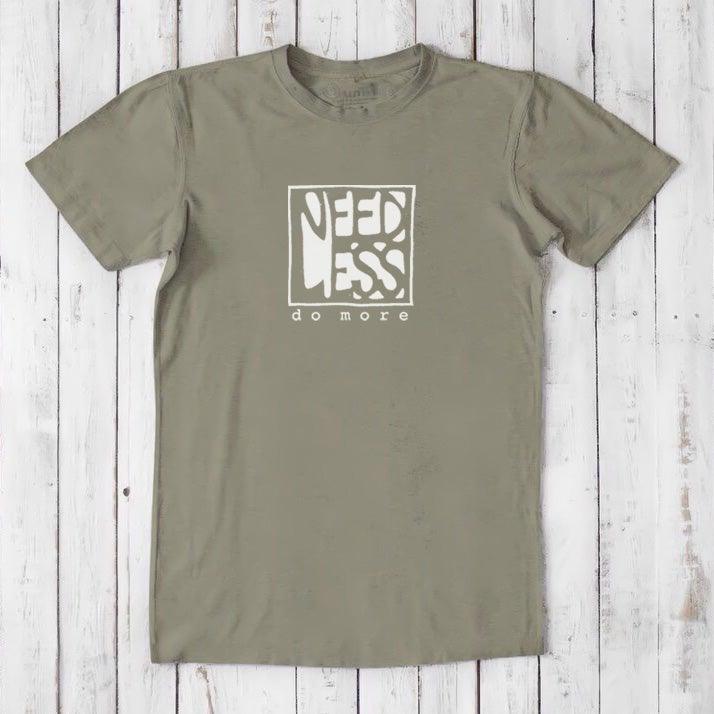 Olive green men's inspirational t-shirt made from bamboo and organic cotton, featuring 'Need Less Do More' quote. Sustainable classic fit tee.