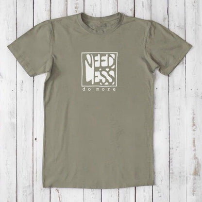 Olive green men's inspirational t-shirt made from bamboo and organic cotton, featuring 'Need Less Do More' quote. Sustainable classic fit tee.