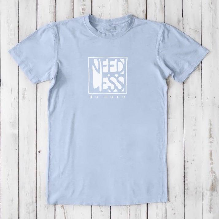 Light blue men's bamboo and organic cotton t-shirt with 'Need Less Do More' quote. Soft, breathable, and ideal for productivity-focused gifting.