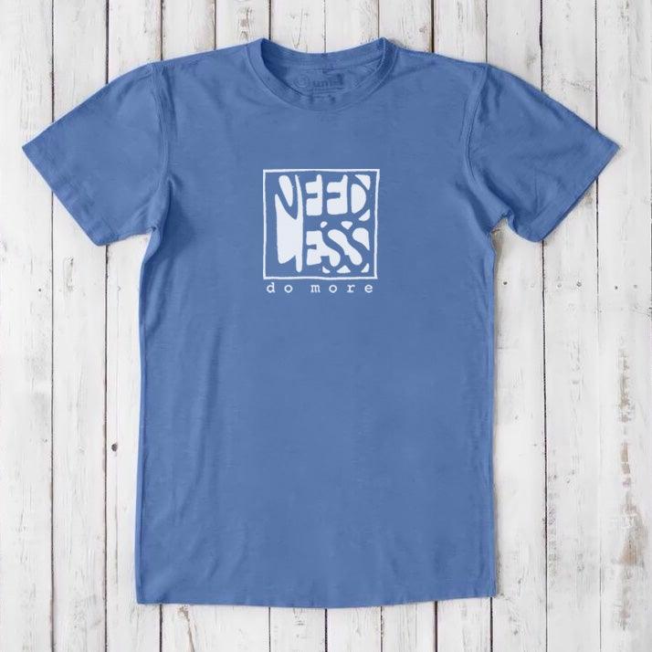 Classic fit men's t-shirt in denim blue with 'Need Less Do More' graphic. Eco-conscious bamboo and organic cotton blend for comfort and style.