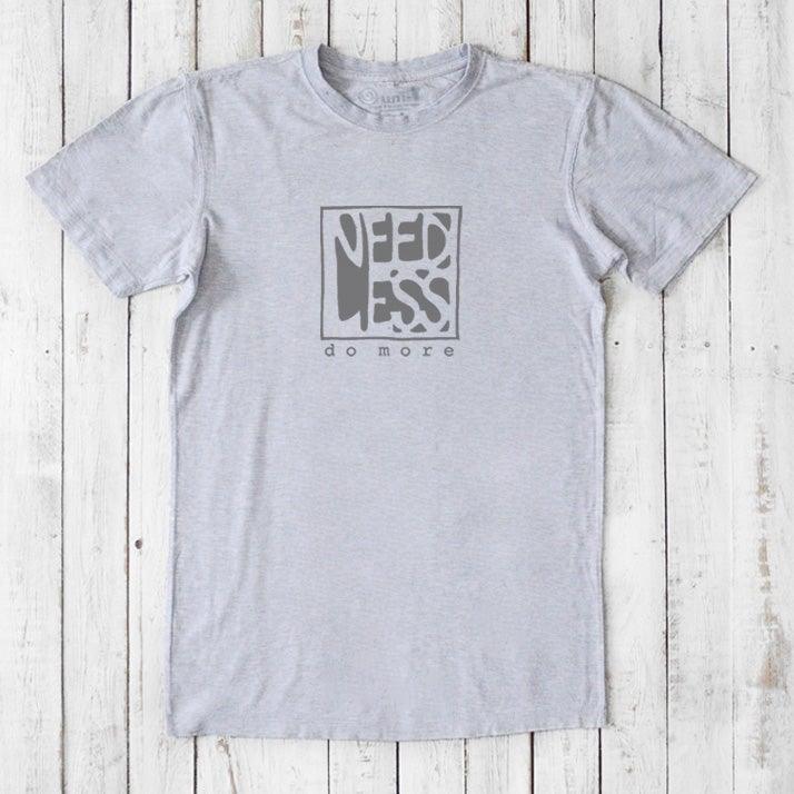 Heather gray men's t-shirt made from bamboo and organic cotton, featuring 'Need Less Do More' quote. Comfortable and eco-friendly classic fit.