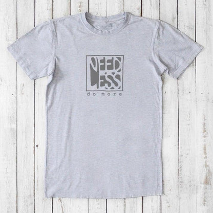 Heather gray men's t-shirt made from bamboo and organic cotton, featuring 'Need Less Do More' quote. Comfortable and eco-friendly classic fit.