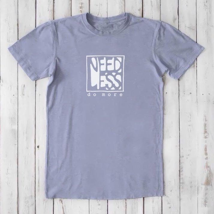 Lavender men's inspirational t-shirt in bamboo and organic cotton with 'Need Less Do More' quote. Soft, sustainable, and perfect for gifting.