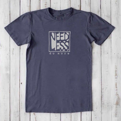 Charcoal blue men's motivational t-shirt with 'Need Less Do More' quote. Bamboo and organic cotton blend for sustainable everyday wear.