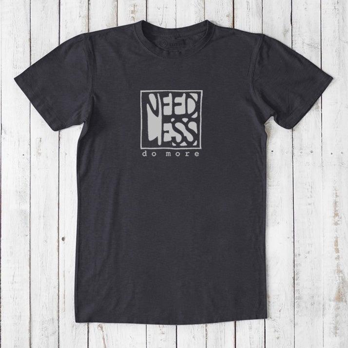 Black men's bamboo and organic cotton t-shirt with 'Need Less Do More' quote. Classic fit inspirational tee for productivity-minded men.