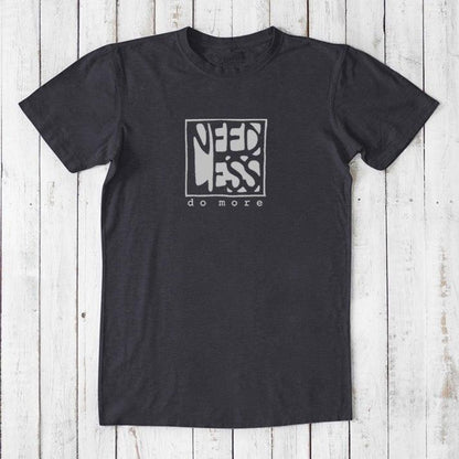 Black men's bamboo and organic cotton t-shirt with 'Need Less Do More' quote. Classic fit inspirational tee for productivity-minded men.