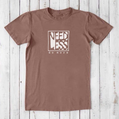 Rust brown men's inspirational t-shirt in bamboo and organic cotton with 'Need Less Do More' quote. Classic fit for sustainable fashion lovers.