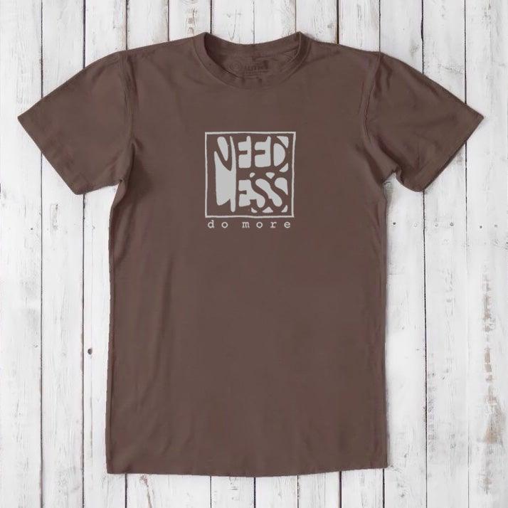 Chocolate brown men's motivational t-shirt with 'Need Less Do More' quote. Crafted from bamboo and organic cotton for eco-conscious comfort.