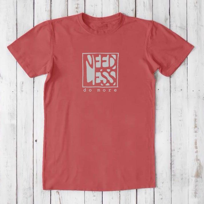 Coral red men's t-shirt in bamboo and organic cotton with 'Need Less Do More' quote. Sustainable classic fit tee for productivity enthusiasts.
