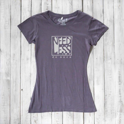 Charcoal grey women's organic cotton and bamboo tee with 'Need Less Do More' quote. Eco-friendly minimalist fashion top.