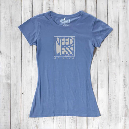 Dusty blue women's motivational t-shirt made from bamboo and organic cotton. Features 'Need Less Do More' quote for minimalist living.