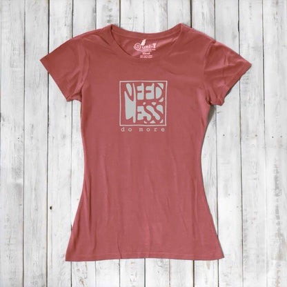 Terracotta red women's bamboo and organic cotton t-shirt with 'Need Less Do More' graphic. Sustainable inspirational gift idea.