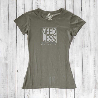 Olive green women's inspirational t-shirt in bamboo and organic cotton. 'Need Less Do More' quote tee for intentional living.