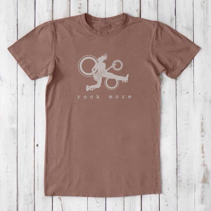 Brown 'Rock More' men's guitar T-shirt in bamboo and organic cotton, featuring white rock and roll graphic on flat lay display.