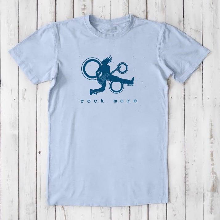 Light blue men's 'Rock More' guitar T-shirt in bamboo cotton with dark blue rock and roll graphic, sustainable and stylish.