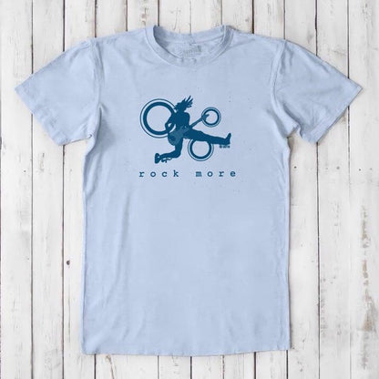 Light blue men's 'Rock More' guitar T-shirt in bamboo cotton with dark blue rock and roll graphic, sustainable and stylish.