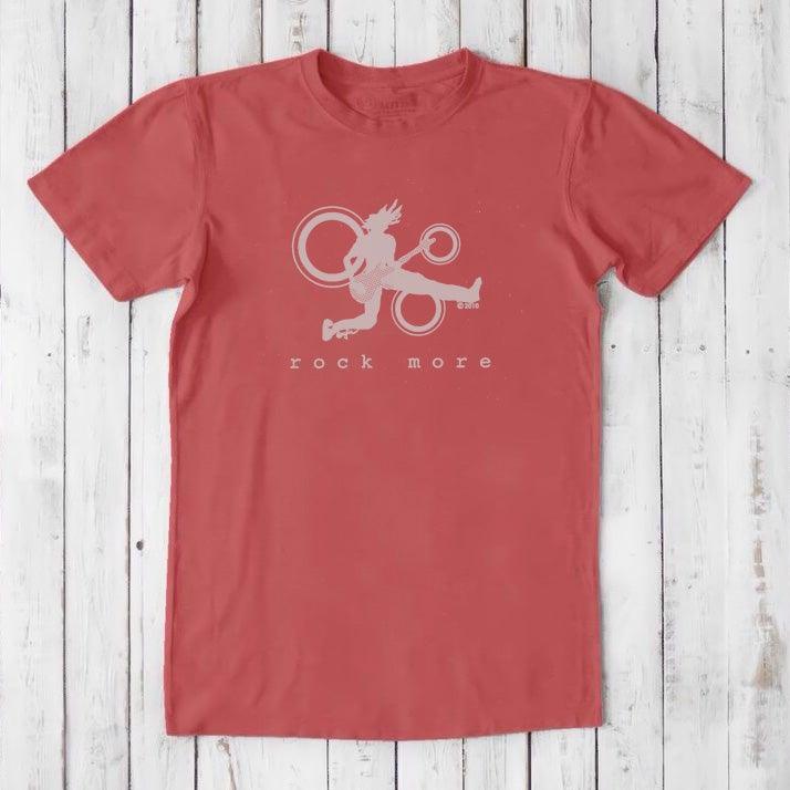 Red bamboo cotton 'Rock More' men's guitar T-shirt with white rock and roll graphic, perfect for concert wear or musician gifts.