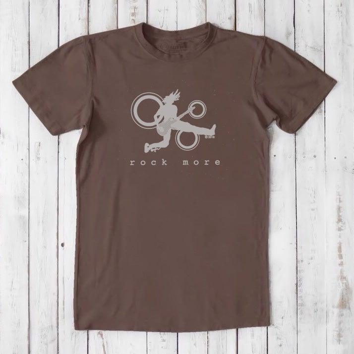 Dark brown 'Rock More' men's guitar T-shirt in bamboo and organic cotton, featuring white rock and roll graphic for eco-conscious musicians.