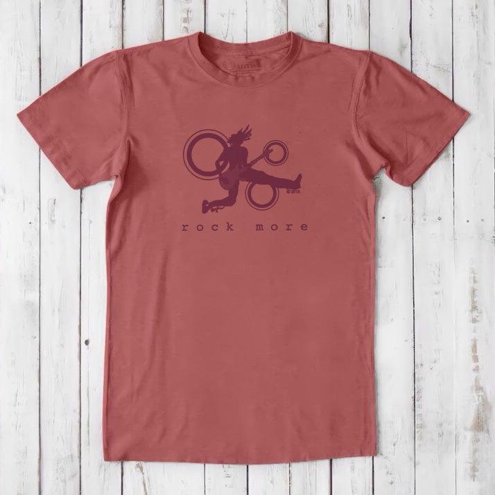 Rust red 'Rock More' men's guitar T-shirt with dark red rock and roll graphic, made from soft bamboo and organic cotton blend.