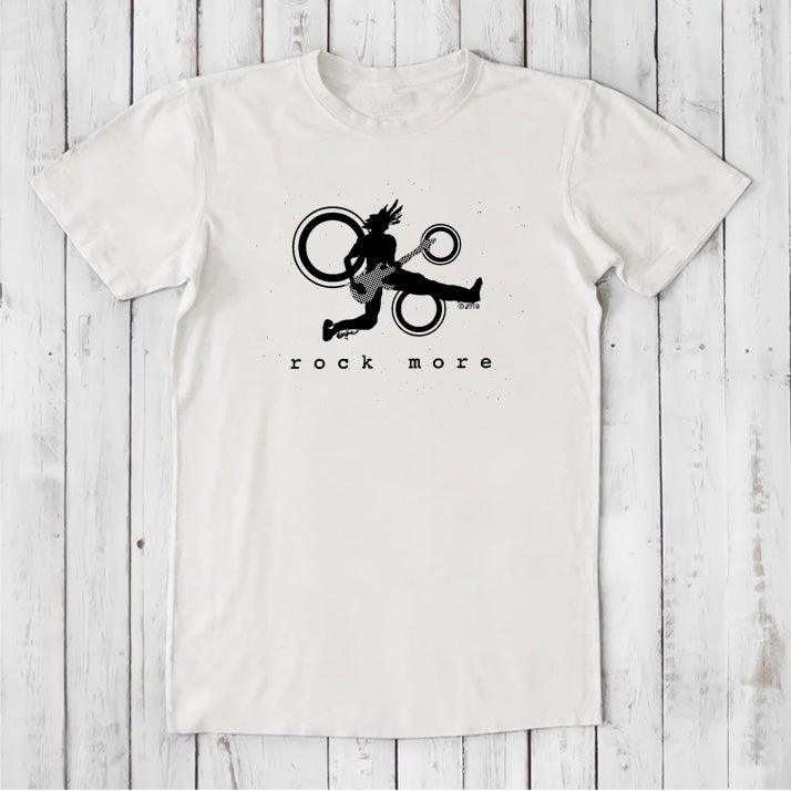 White 'Rock More' men's guitar T-shirt in bamboo cotton with bold black rock and roll graphic, sustainable fashion for music fans.