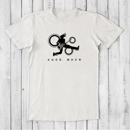 White 'Rock More' men's guitar T-shirt in bamboo cotton with bold black rock and roll graphic, sustainable fashion for music fans.