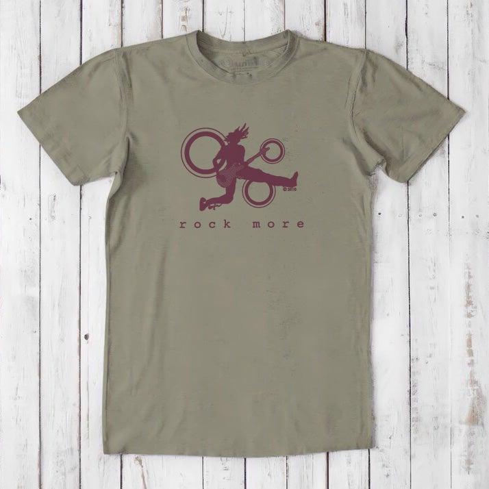 Olive green 'Rock More' men's guitar T-shirt in bamboo and organic cotton, featuring maroon rock and roll graphic, eco-friendly apparel.