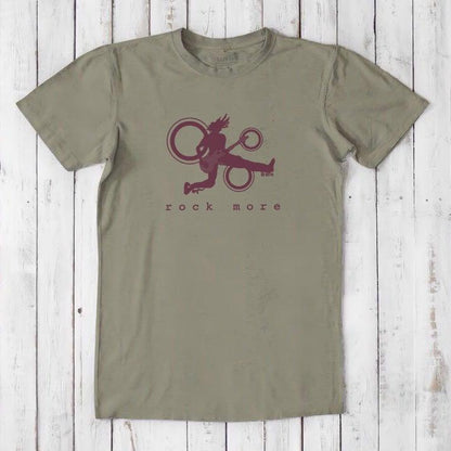 Olive green 'Rock More' men's guitar T-shirt in bamboo and organic cotton, featuring maroon rock and roll graphic, eco-friendly apparel.