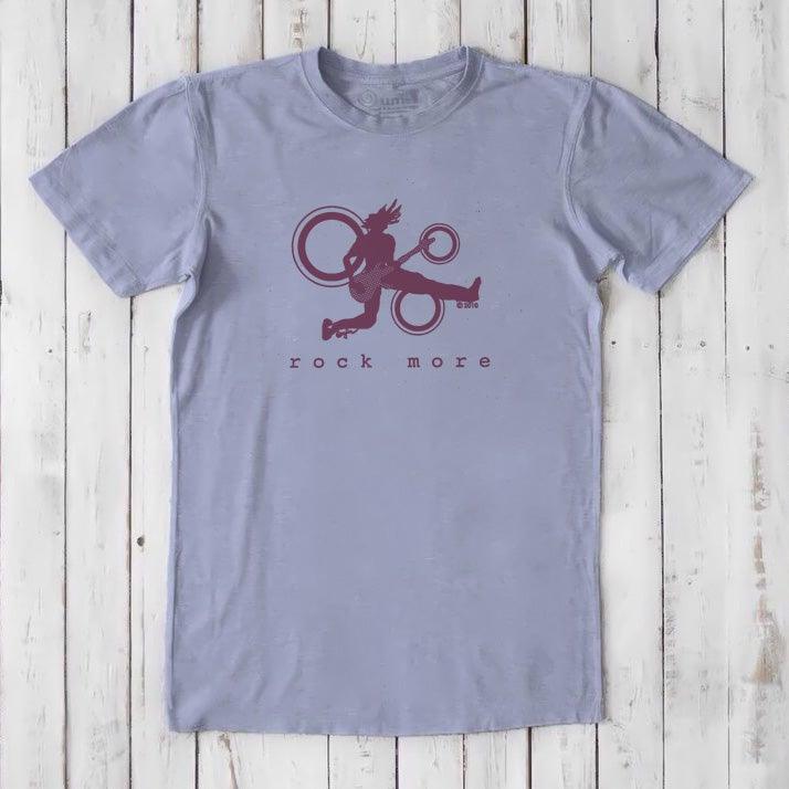 Lavender 'Rock More' men's guitar T-shirt with maroon rock and roll graphic, crafted from bamboo and organic cotton for comfort and style.