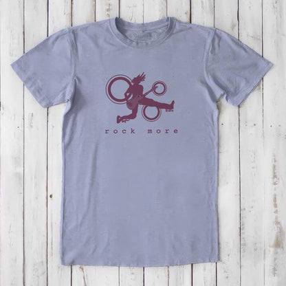 Lavender 'Rock More' men's guitar T-shirt with maroon rock and roll graphic, crafted from bamboo and organic cotton for comfort and style.